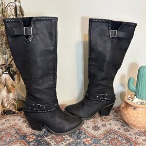 Jellypop Honor Black Faux Leather Braided Tall Western Cowboy Boots NEW NWOT